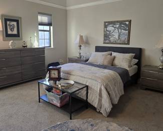 Bedroom suite includes: triple dresser, 2 nightstands, chest-of-drawers.  Bed includes: Headboard, footboard, and mattress