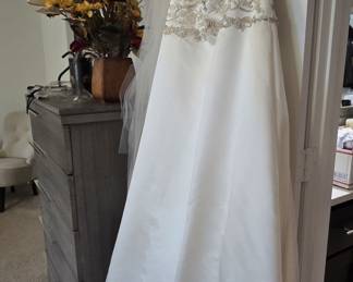 Casablanca beaded bridal dress with train, veil, and headband 