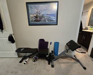 exercise workout bench, "the stick" massage stick, yoga mats, and more