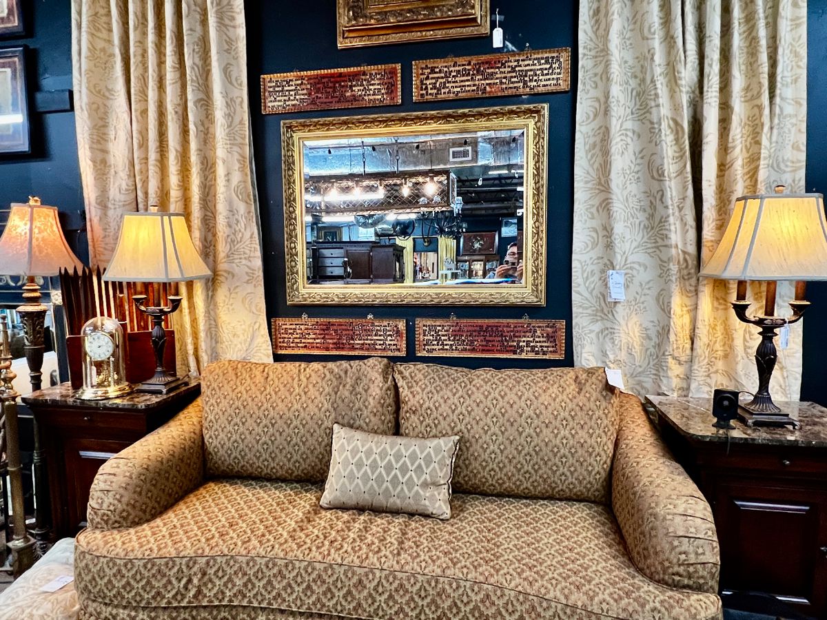 Sofa, Side Tables, Lamps, Art, Mirrors, Custom Drapery Panels, Antique Mantle Clock, Vintage Fireplace Tools, Sculptures, Rugs, and Much More!