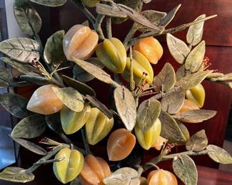 Stone Fruit Bonsai Tree Sculpture on Sturdy Stone Base