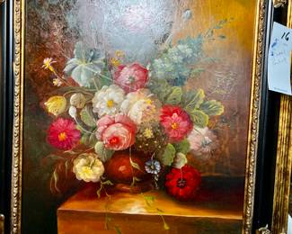 Oil on Board Floral Still Life in Heavy Frame