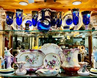 Murano Blue & 24K Gold Trimmed Glassware Lot, Assorted Antique and Vintage Porcelain Lot