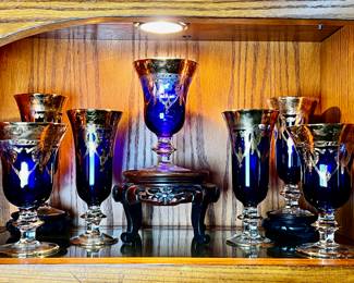 Lot of Italian blue glass footed goblets