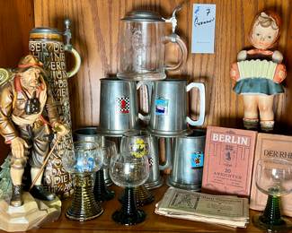German Lot -beer stein, figurines, glassware, mugs, travel guides