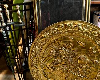 Brass Fire Place Screen, Tools Set, and Large Stamped Wall Plate