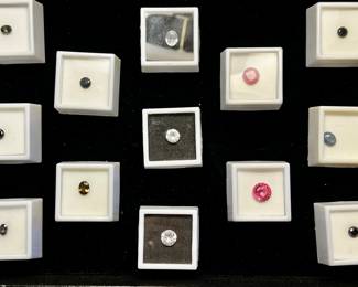 13 Loose Gemstones- white zircon, irradiated black diamond, treated blue star sapphire, ruby, labradorite, pink topaz,