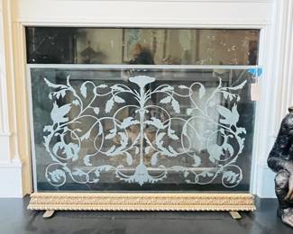 Etched glass and brass fireplace screen