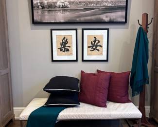 Bob Gold and Mitchell Williams bench, Paul Simon fine photography, David Hu "Joy" and "Peace" original calligraphy, Rejuvination and custom pillows 
