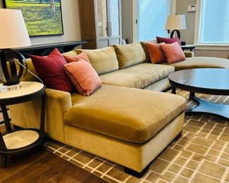 Custom velvet Gresham House down sectional, Hickory Chair custom table