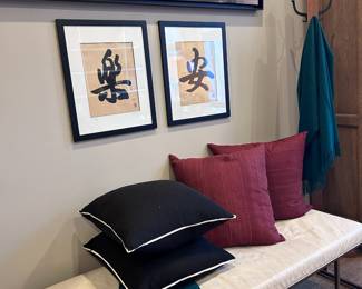 Bob Gold and Mitchell Williams bench, Paul Simon fine photography, David Hu "Joy" and "Peace" original calligraphy  , Rejuvenation and custom pillows