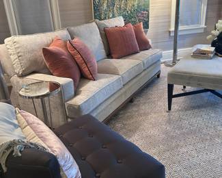 Kravet Furniture couch, Hickory Chair bench, Hickory Chair tufted chair, original art by Marjolyn van der Hart, pillows Rejuvenation and custom