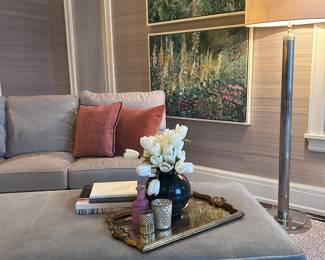 Kravet Furniture couch, Hickory Chair bench, original art by Marjolyn van der Hart, pillows Rejuvenation and custom