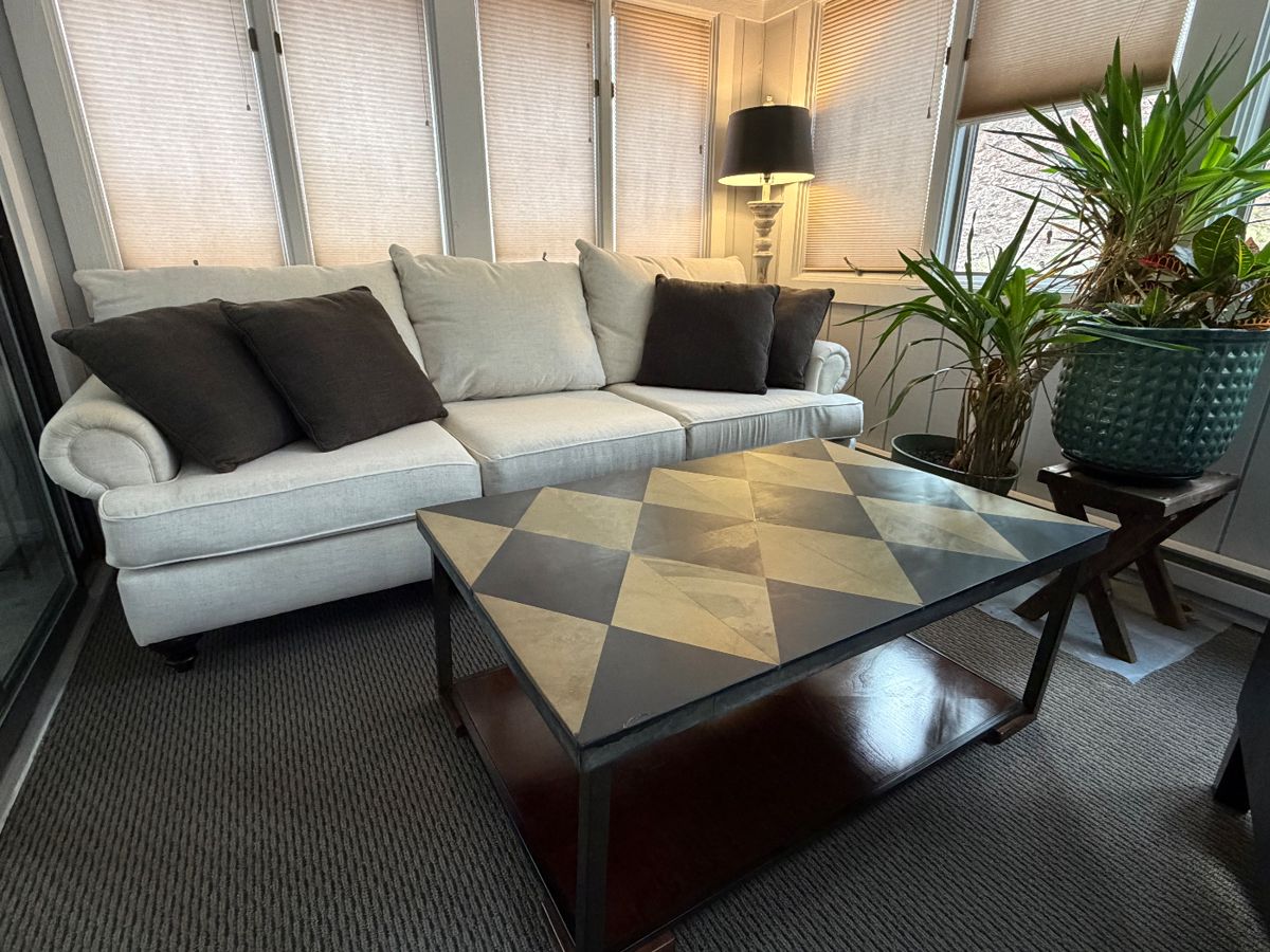 Canvas Sofa, White Washed Floor Lamp, Live Plants, Large Ceramic Pot, Rectangular Coffee Table