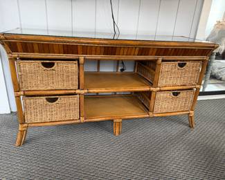 Bamboo Console with Wicker Drawers and Glass Top 20x30x60