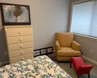 Yellow Side Chair 33x36x39 Red Leather Footstool Light Wood Dresser 16x29x49 Lighthouse Artwork