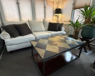 Canvas Sofa, White Washed Floor Lamp, Live Plants, Large Ceramic Pot, Rectangular Coffee Table