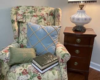 Wing back chair, side table, GWTW lamp