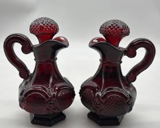 (2) Vtg. Avon Cape Cod Ruby Red Cruets w/ Bath Oil