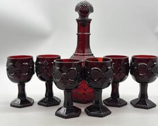 (7) Avon Ruby Red Cape Cod Wine Decanter Set