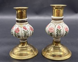 Pair Vintage Candlesticks Porcelain & Brass