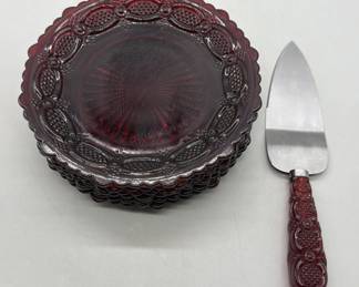 (7) Avon Ruby Red: 6-Desert Plates & 1-Cake Server