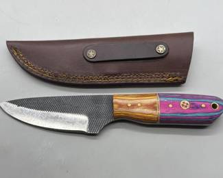 Damascus Steel Patterned Knife in Leather Sheath