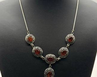 925 Silver w/ Amber Stone & Greek Key 16" Necklace
