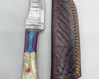 Damascus Steel Patterned Knife in Leather Sheath