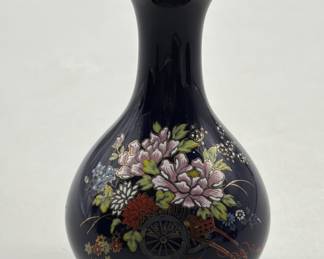 Blue Cobalt Japanese Kutani Vase w/ Flowers