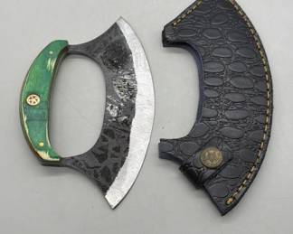 Damascus Steel Ulu Knife & Leather Sheath
