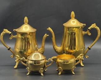 Gold Plate Coffee Pot, Teapot, Creamer & Sugar