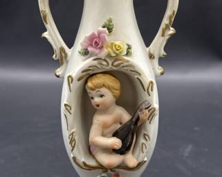 3D Figural Putti Playing Lute Porcelain Vace