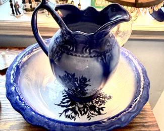 Antique flow blue pitcher and wash basin
