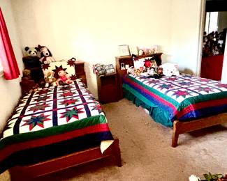 Pair of twin beds with bookshelf headboards