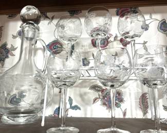 Etched wine glasses/matching decanter