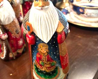 Hand carved and painted Russian wood Santa figures