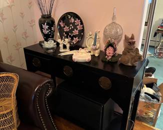 Console Table, Dept. 56 Snow Babies, Flocked Rabbits