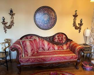 Carved Wood Sofa, Drapery Swag Wall Shelves