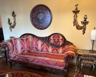 Carved Wood Sofa, Drapery Swag Wall Shelves, Nested Tables