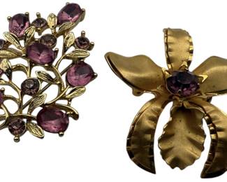 2 x Gold Tone Purple Stone Brooches