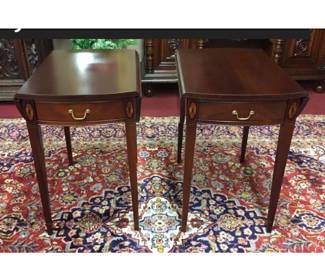 2 Hickory Chair Mahogany Pembroke Tables James River Collection with Sheraton style inlay;
end tables have drop side leaves, one drawer and inlay detail along the sides and legs
Dimensions:&nbsp;19″ wide x 28″ deep x 28″ tall.