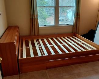 Wonderful platform bed with under bed storage drawers and headboard storage with like new mattress!