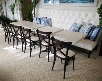 Tufted banquette and bistro chairs - 7 chairs available. Banquette is 9 feet, 10 inches long x 52 inches talk x 28 inches deep. Square marble top tables are 27 inches x 27 inches x 31 inches tall. Banquettes $595 each. Bistro chairs $65 each. Tables $195 each