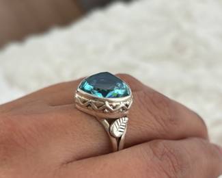Sterling Silver Ring with Triangular blue topaz or aquamarine stone.