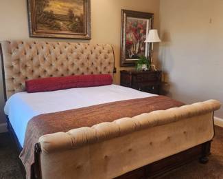 Stately Theodore Alexander King Bed with Tufted Headboard and Footboard