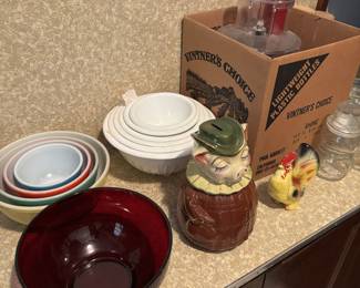 Pyrex Primary Color set, Anchor Hocking Vitrock Six Nesting Bowls, Winnie Cookie Jar