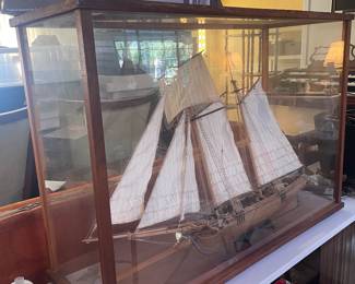 classic tall ship w/ wood and glass case    