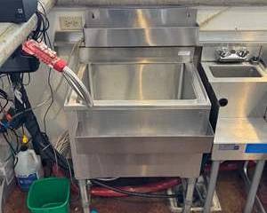 Lot of (2) Commercial Stainless Steel Bar Ice Well Speed Stations w/ Drain & Bottle Rails