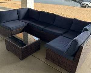 Outdoor Wicker Sectional Patio Sofa Set w/ Cushions & Glass-Top Coffee Table